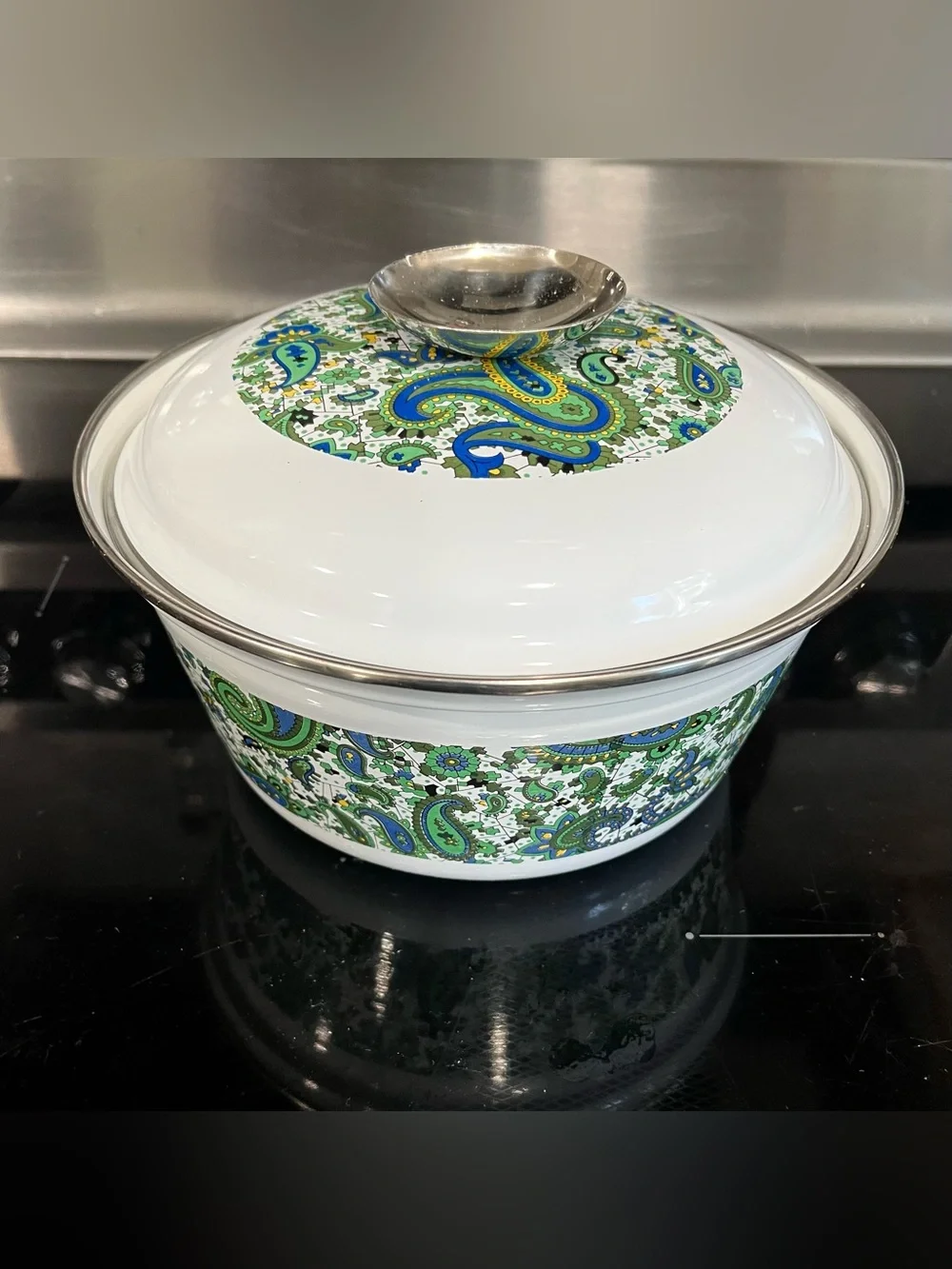 VTG 70s Fancipans Enamelware 2-Qt Covered Casserole Dish Lid Blue Green Paisley